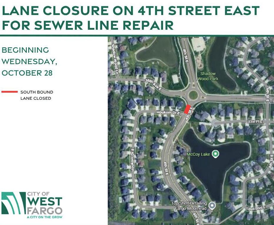 Lane closure on 4th Street East in West Fargo for sewer line repair