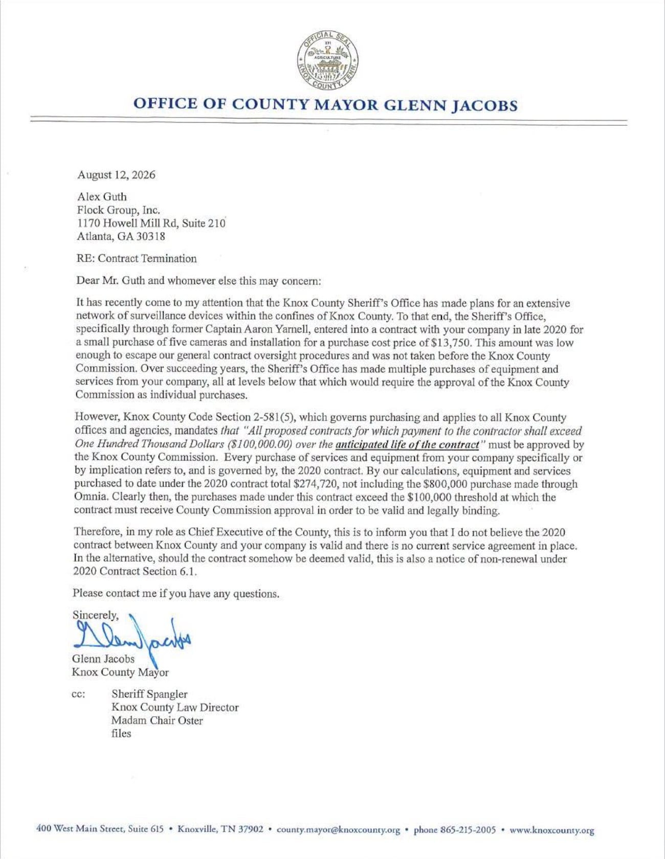 The letter sent by now-former Knox County Mayor Glenn Jacobs
