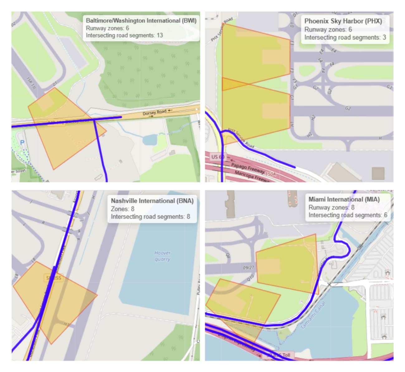 Examples of InvestigateTV's analysis mapping overrun risk areas for runway ends at commercial...
