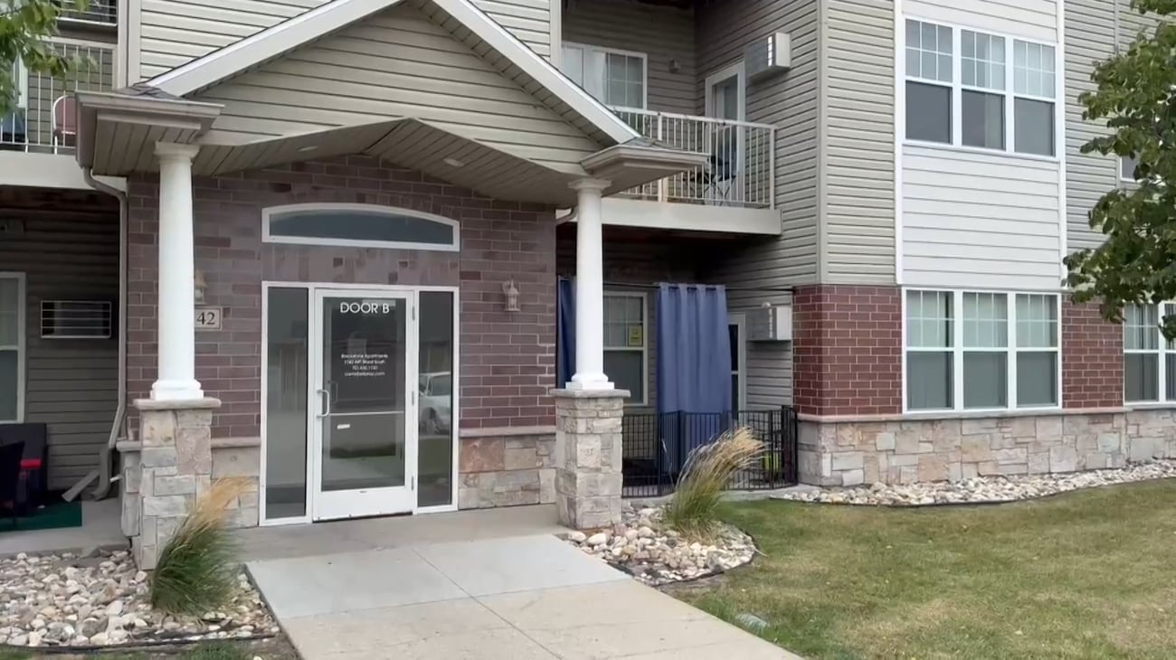 The entrance to the Blackstone Apartment Complex in Fargo, where police found two people dead...