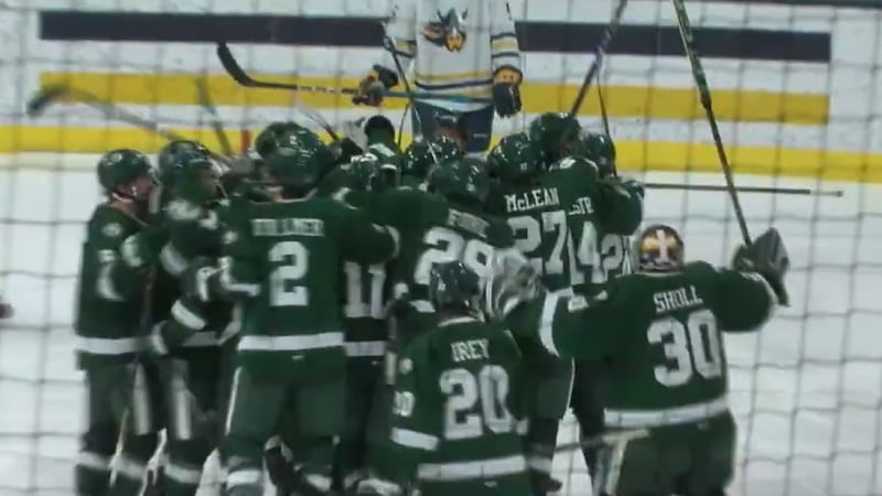 Bemidji State celebrates their series clinching overtime win at Augustana