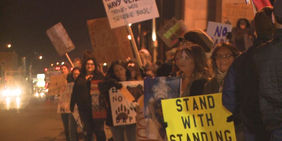Dapl Bridge Protesters rally against DAPL on Veterans Memorial Bridge